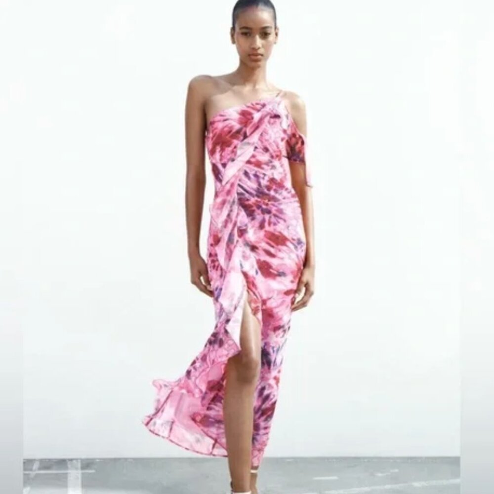 Zara Pink Ruffle One Shoulder Midi Dress NWT